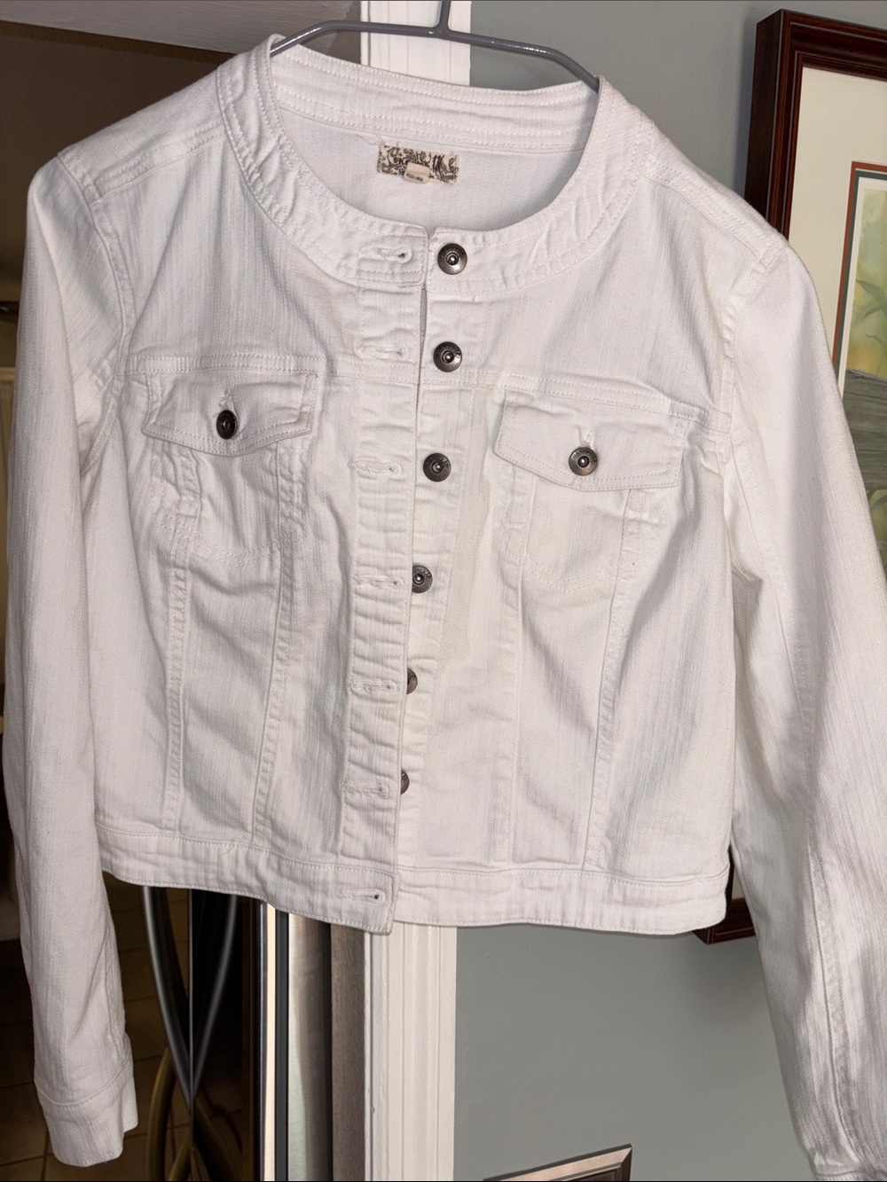 One World White Collarless Button-Front Jean Jacket